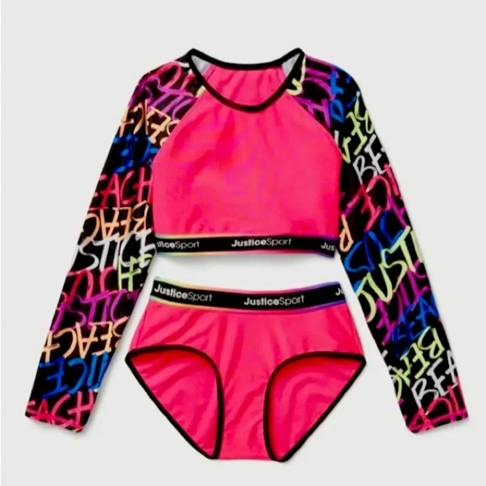 Justice Girls Sport Long Sleeve Rash-guard Swimsuit Set |Size XS